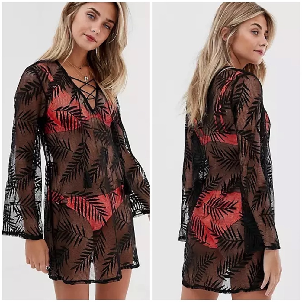 🌴 Black Palm Leaf Print Crochet Lace Swim Cover-Up Coverup Tunic Dress Kaftan